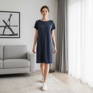 Athleta Navy Heather French Terry Lace Trim Shift Dress Womens Medium Raglan S/S